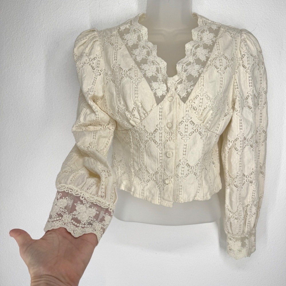 Cider Cream Lace Long Sleeve Button Blouse Size S Puff Sleeve Country Coquette
